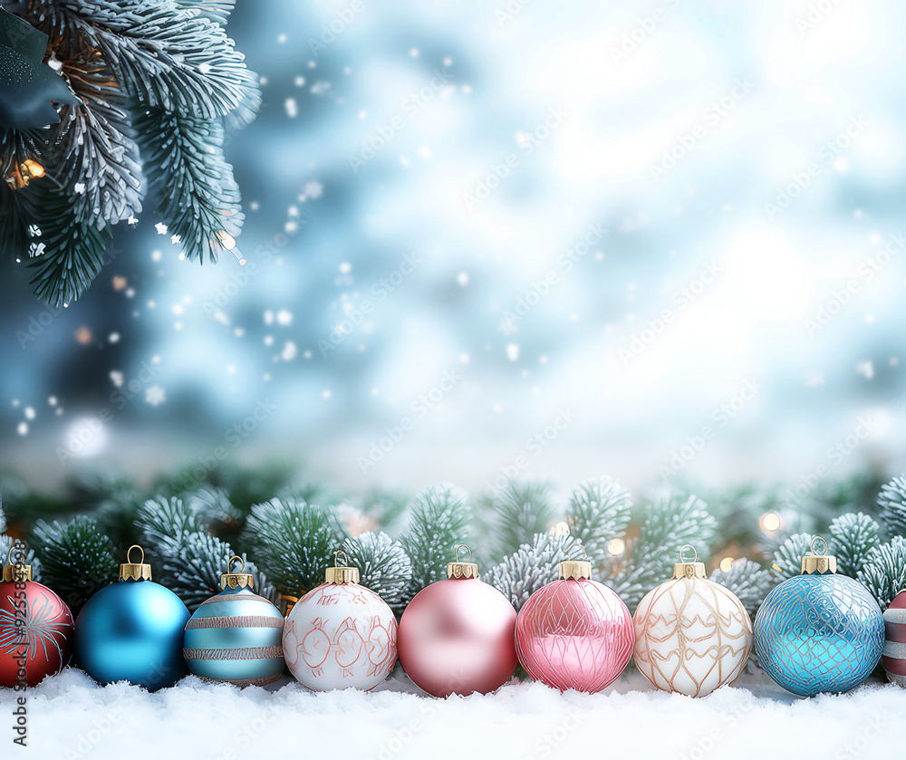 Fototapeta premium Elegant Christmas Balls in Snowy Winter Scene with Festive Pine Branches
