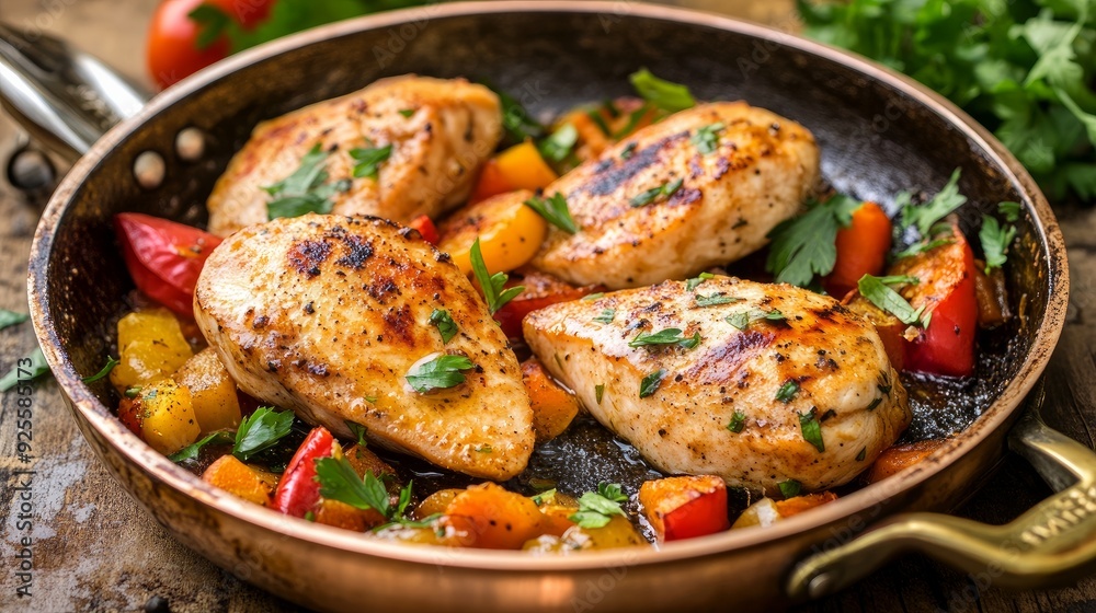 Sautéed chicken breast pieces with vegetables in a copper pan Sautéed chicken breast pieces with vegetables in a copper pan
