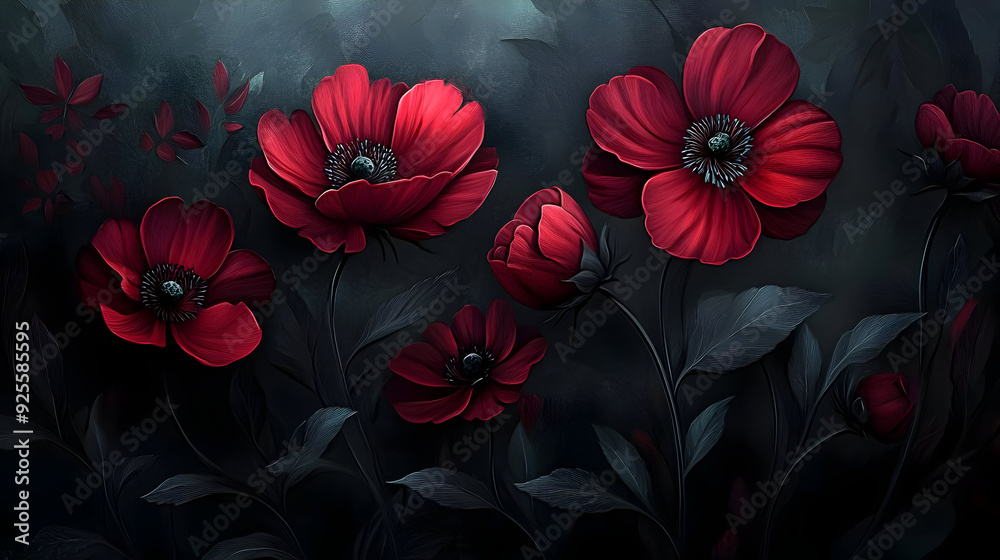 A dark, artistic depiction of red flowers with intricate details and contrasting foliage.