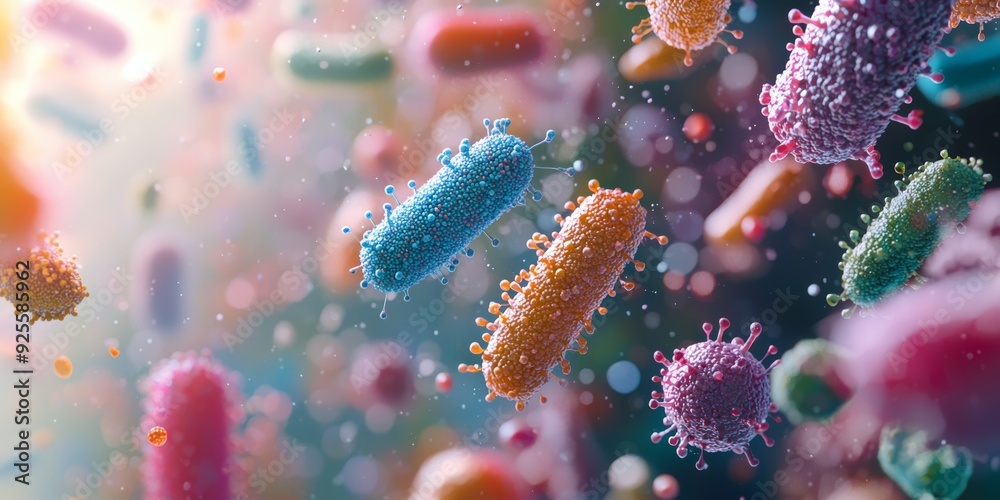 Surreal 3D visualization of different types of bacteria, each with ...
