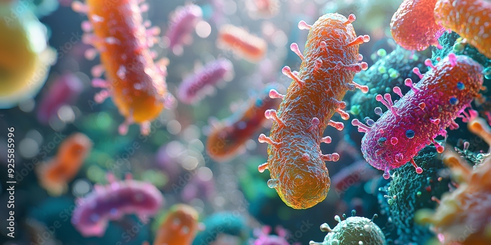 Surreal 3D visualization of different types of bacteria, each with ...