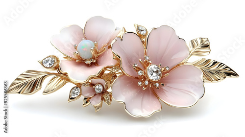 A decorative floral brooch featuring pink flowers and gemstones.