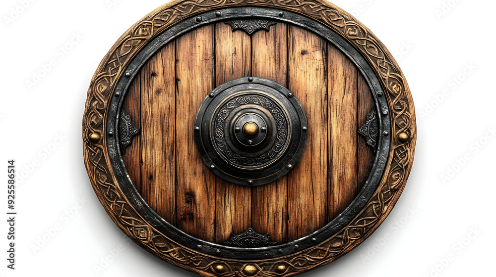 A decorative wooden shield with metal accents and intricate designs. A decorative wooden shield with metal accents and intricate designs.