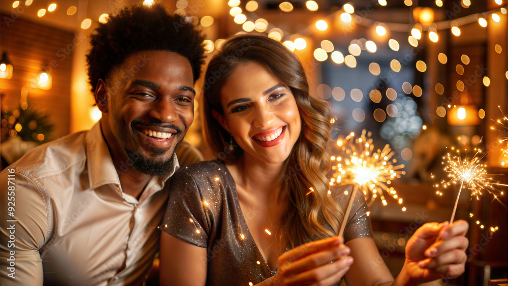 happy couple with sparklers celebrating new year at christmas tree party
