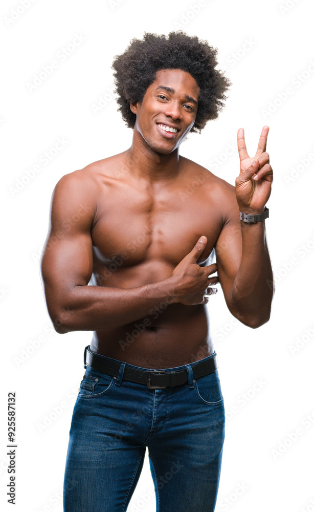 Afro american shirtless man showing nude body over isolated background smiling with happy face winking at the camera doing victory sign. Number two. Afro american shirtless man showing nude body over isolated background smiling with happy face winking at the camera doing victory sign. Number two.