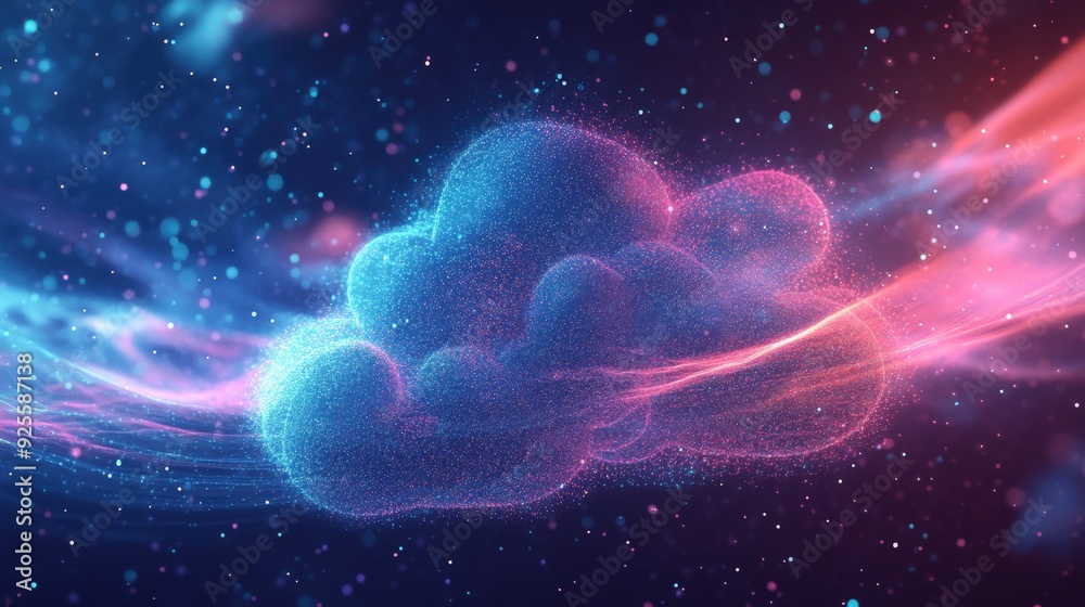 An abstract representation of a cloud with swirling light trails and digital particles, symbolizing the fluidity and versatility of cloud services. An abstract representation of a cloud with swirling light trails and digital particles, symbolizing the fluidity and versatility of cloud services.
