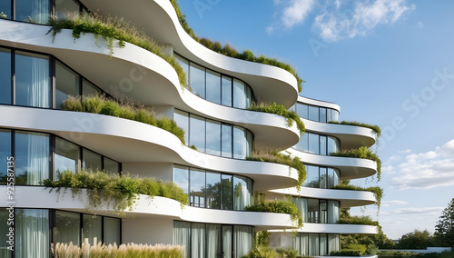  Eco-friendly building in the modern city. Sustainable glass office building with tree for reducing carbon dioxide. Office building with green environment. Corporate building reduce CO2. Save planet
