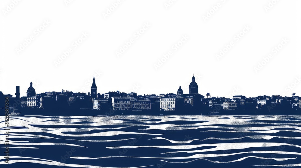 Naklejka premium Silhouette of Nice skyline with sea waves in foreground creates tranquil French cityscape scene