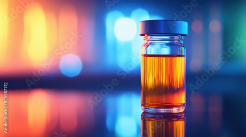 Close-up of a glass vial containing liquid iodine, highlighting its vibrant color and reflective surface under lab lighting