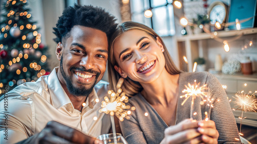 happy multiethnic couple holding sparklers and looking at camera at home