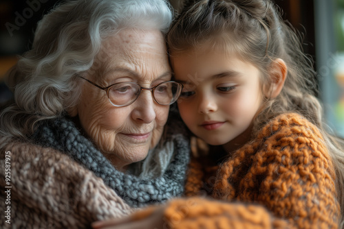 An elderly woman teaching her granddaughter how to knit, both of them enjoying the process and the time spent together.