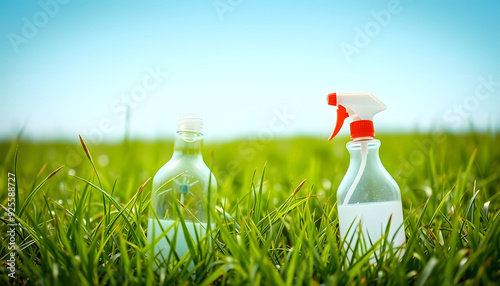 Insect repellent in spray bottle on green grass outdoors. Space for text isolated with white highlights, png photo