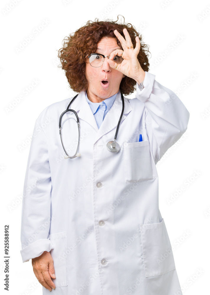 Middle ager senior doctor woman over isolated background doing ok gesture shocked with surprised face, eye looking through fingers. Unbelieving expression. Middle ager senior doctor woman over isolated background doing ok gesture shocked with surprised face, eye looking through fingers. Unbelieving expression.