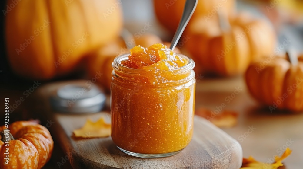 Thanksgiving-themed homemade pumpkin jam in a glass jar Thanksgiving-themed homemade pumpkin jam in a glass jar