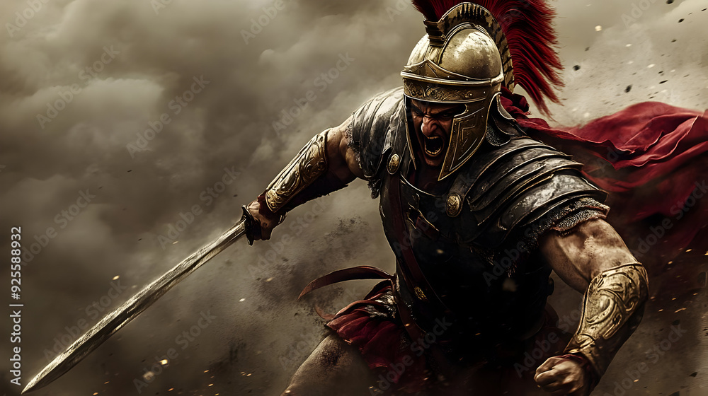 Naklejka premium A fierce warrior in armor charges forward with a sword.