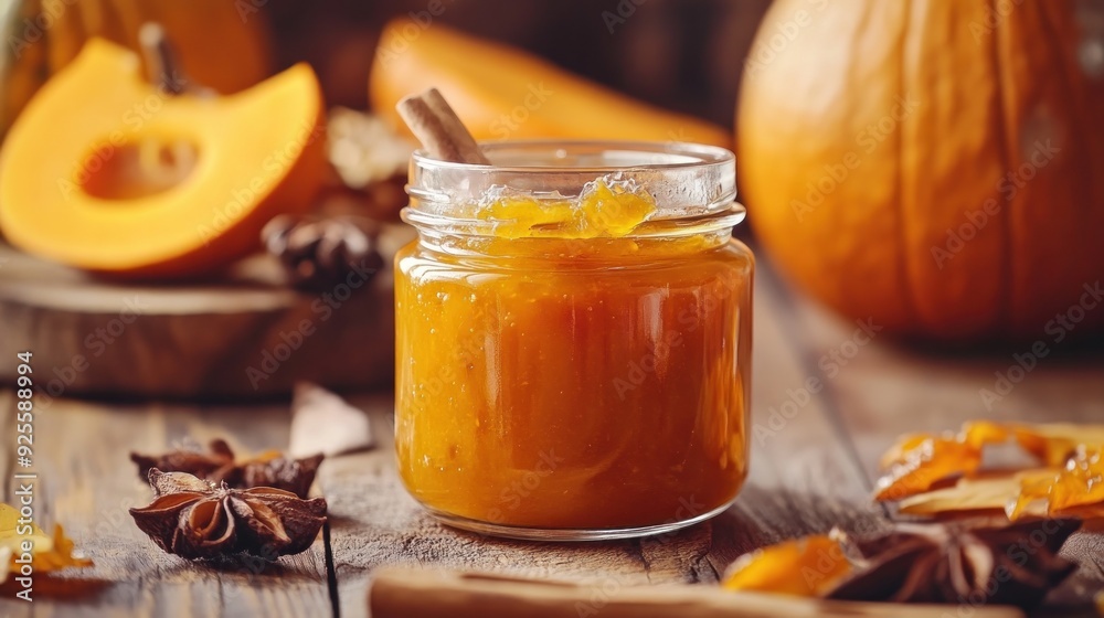 Thanksgiving-themed homemade pumpkin jam in a glass jar Thanksgiving-themed homemade pumpkin jam in a glass jar