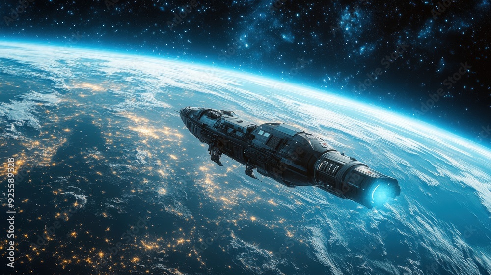 Fototapeta premium Colony ship departing from Earth, with the blue planet in the background and the vastness of space ahead