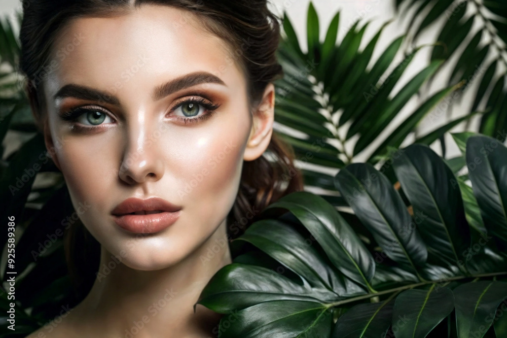 A captivating portrait of a young woman framed by lush green leaves in a serene natural setting. Generative AI A captivating portrait of a young woman framed by lush green leaves in a serene natural setting. Generative AI