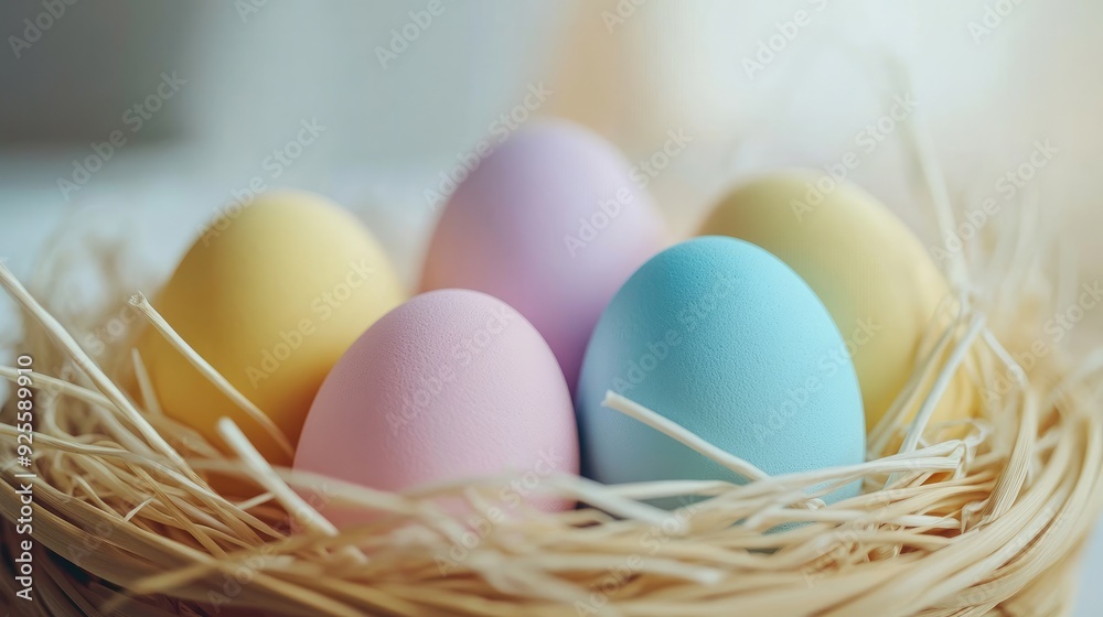 Easter eggs in a variety of colors arranged over straws. Easter eggs in pastel colors. Easter eggs in a variety of colors arranged over straws. Easter eggs in pastel colors.