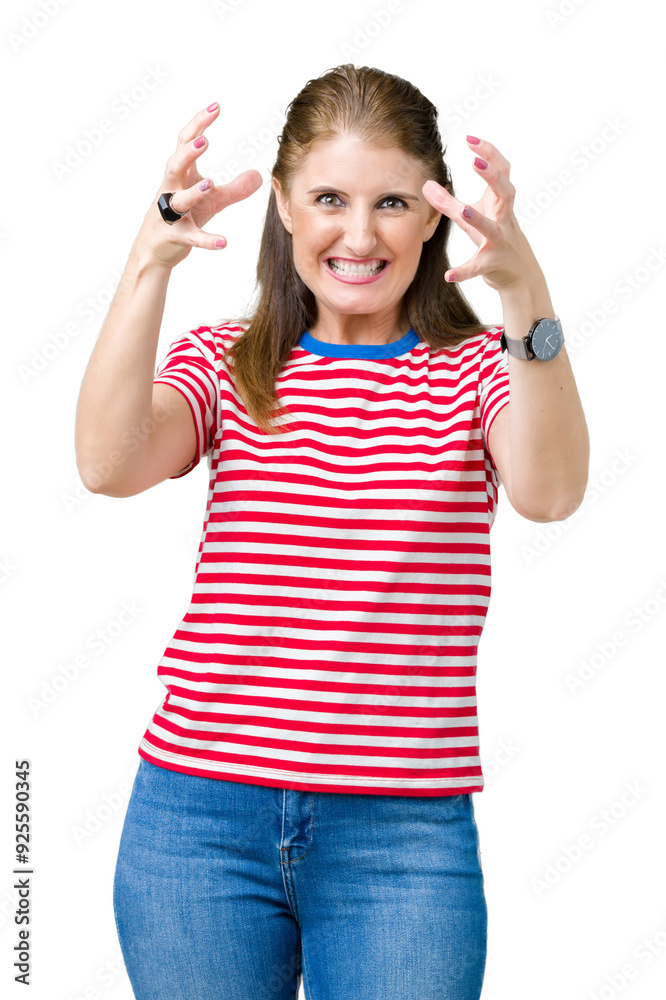 Middle age mature woman wearing casual t-shirt over isolated background Shouting frustrated with rage, hands trying to strangle, yelling mad Middle age mature woman wearing casual t-shirt over isolated background Shouting frustrated with rage, hands trying to strangle, yelling mad