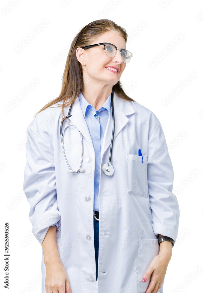 Middle age mature doctor woman wearing medical coat over isolated background looking away to side with smile on face, natural expression. Laughing confident. Middle age mature doctor woman wearing medical coat over isolated background looking away to side with smile on face, natural expression. Laughing confident.