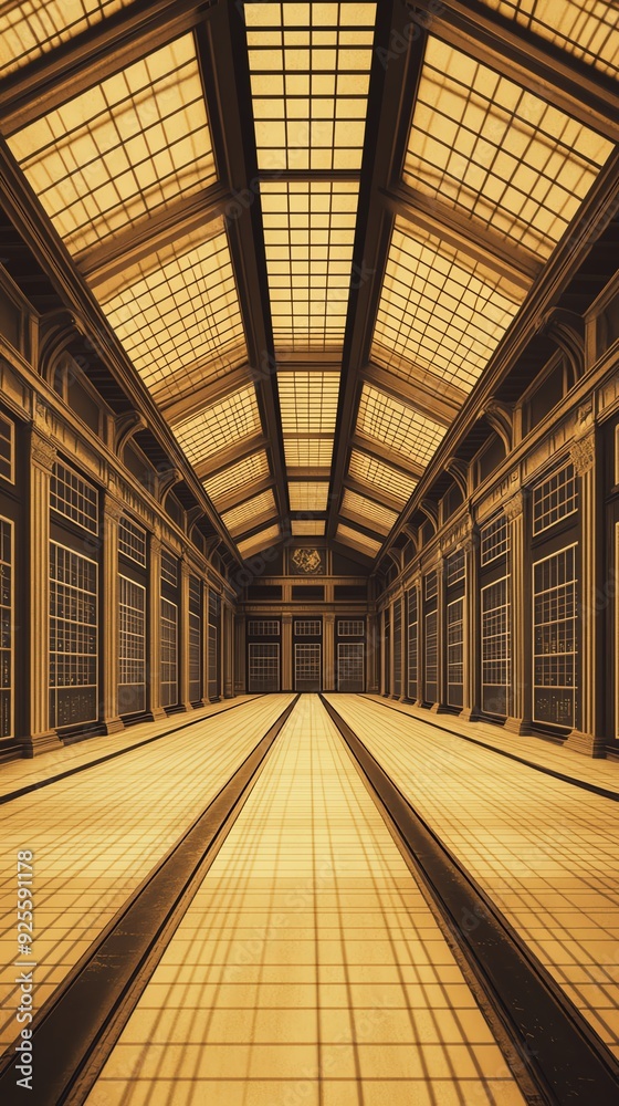 Obraz premium A stunning interior view showcasing a grand architectural design with golden light illuminating the space, highlighting elegant features.