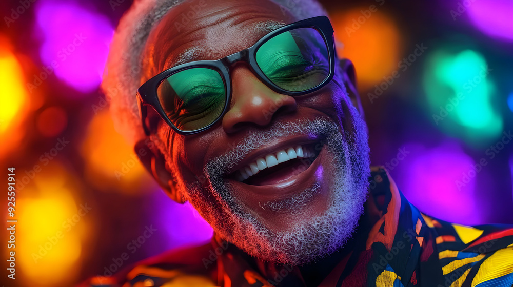 A joyful elderly man smiling brightly with colorful background. A joyful elderly man smiling brightly with colorful background.