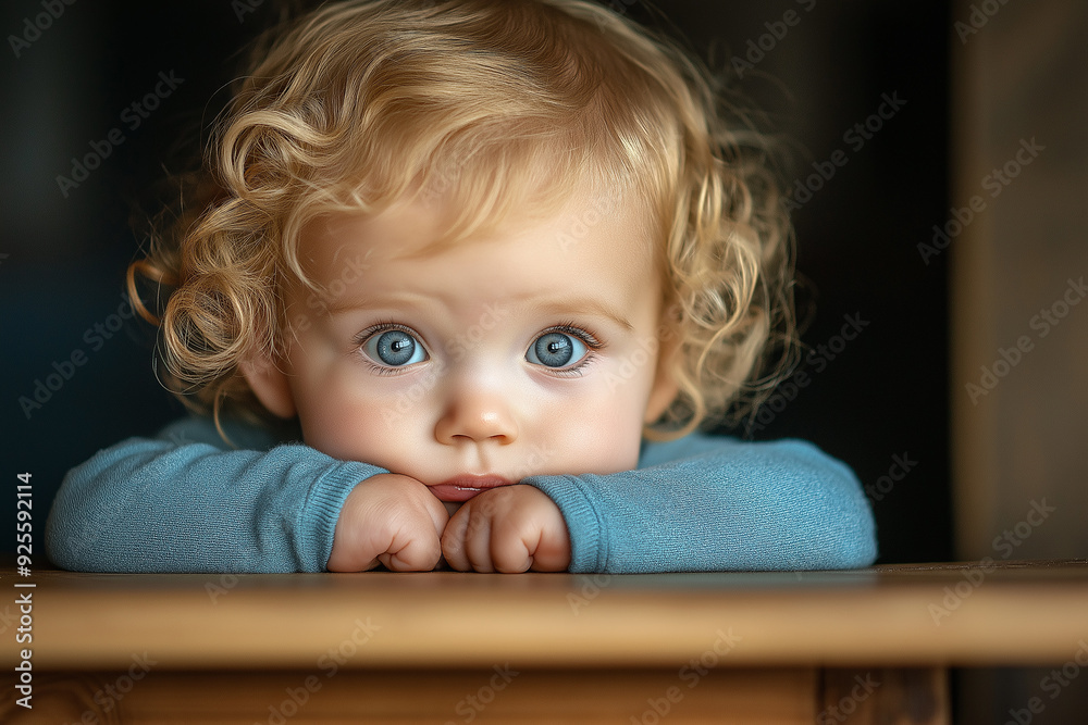 Adorable blonde baby with curly hair and bright blue eyes resting their head on folded arms, conveying innocence and curiosity in a close-up shot with soft lighting. Adorable blonde baby with curly hair and bright blue eyes resting their head on folded arms, conveying innocence and curiosity in a close-up shot with soft lighting.