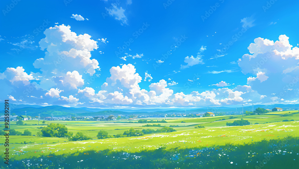 Green field, tree and blue sky landscape anime background