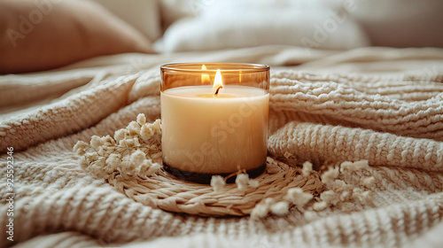 A lit candle on a cozy blanket, creating a warm atmosphere.