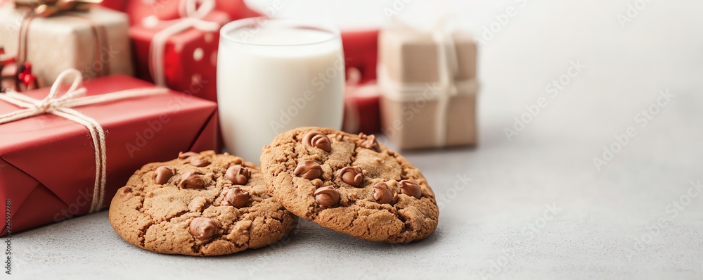 Delicious cookies paired with a glass of milk beside festive gifts, perfect for holiday celebrations and cozy moments. Delicious cookies paired with a glass of milk beside festive gifts, perfect for holiday celebrations and cozy moments.