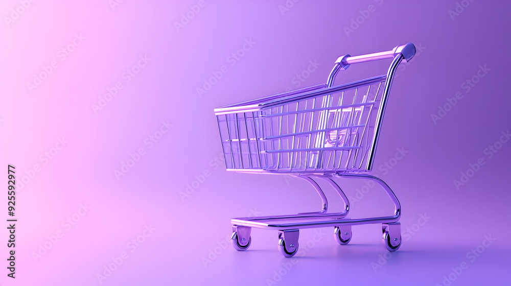 A metallic shopping cart on a purple background. A metallic shopping cart on a purple background.