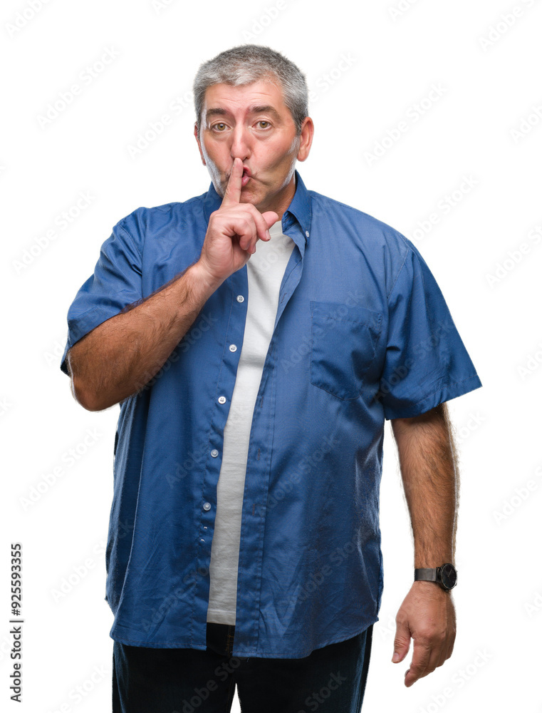 Handsome senior man over isolated background asking to be quiet with finger on lips. Silence and secret concept. Handsome senior man over isolated background asking to be quiet with finger on lips. Silence and secret concept.