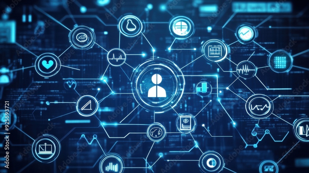 Medical technology icons overlaid on a digital background, symbolizing interconnected healthcare systems