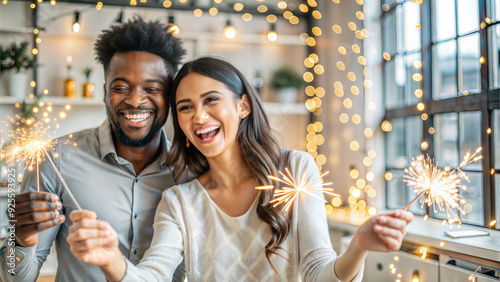 Happy african american couple celebrating new year with sparklers at home
