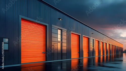 A modern storage facility with orange roll-up doors reflecting on a wet surface at sunset. photo