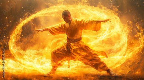 chinese shaolin monk physical exercising enhacing yellow aura photo