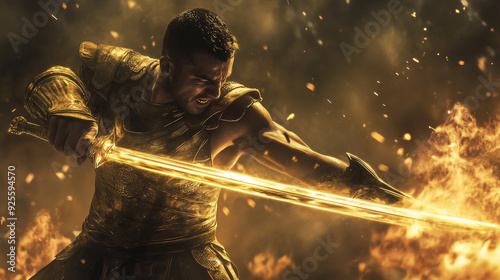 warrior gladiator aiming his shining sword of light onto enemy ready for fight. fire background