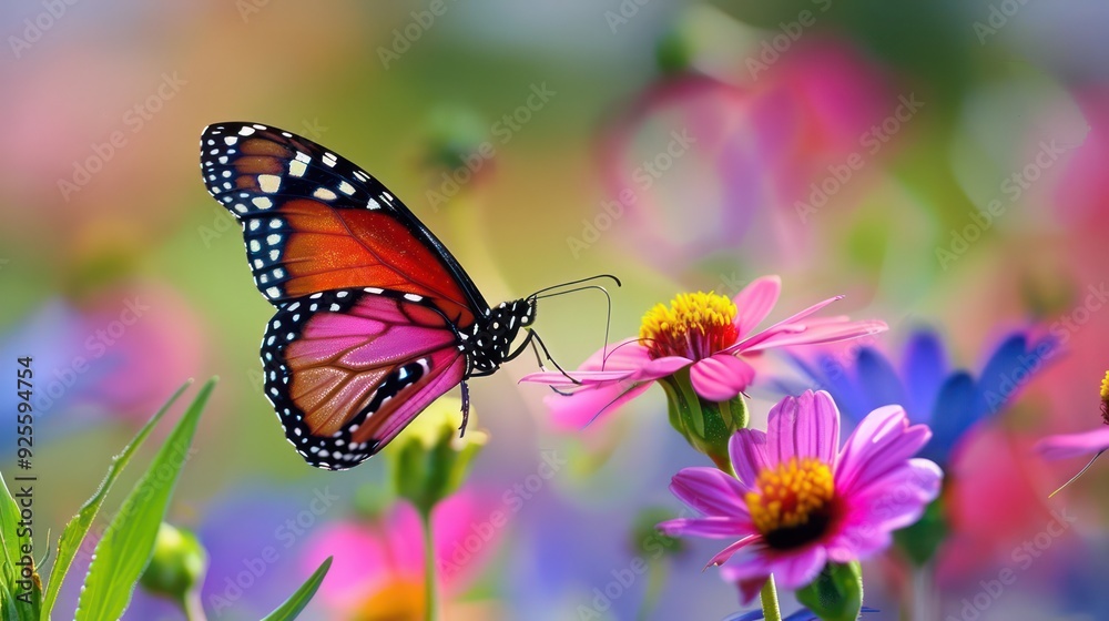 Closeup butterfly sucking nectar from beautiful color flowers Closeup butterfly sucking nectar from beautiful color flowers