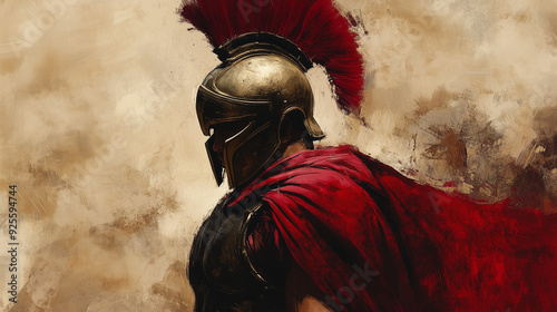 spartan warrior view from behind on dusty background photo