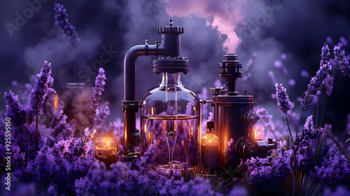 A mystical laboratory setup amidst vibrant lavender flowers.