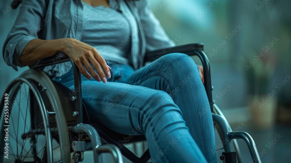 Obraz premium A woman sitting in a wheelchair. The setting is bright and modern, illustrating strength and resilience. Captured in a moment of calm, reflecting everyday life and challenges. AI