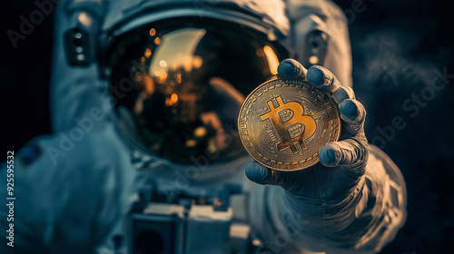 astronaut holding bitcoin in space photo