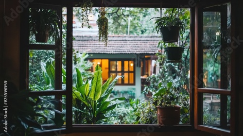 A view of a window with plants and potted flowers, AI