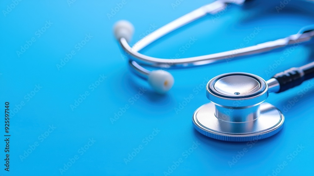 Stethoscope on blue background for healthcare concept Close-up of a stethoscope placed on a blue background, representing healthcare, medical equipment, and professional health services Stethoscope on blue background for healthcare concept Close-up of a stethoscope placed on a blue background, representing healthcare, medical equipment, and professional health services