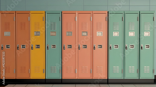 A row of colorful school lockers in a hallway setting.