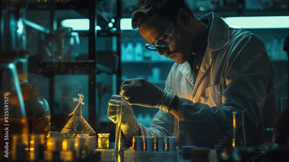 Scientist in Dark Laboratory with a Glowing Test Tube, Illuminating a Major Scientific Breakthrough Scientist in Dark Laboratory with a Glowing Test Tube, Illuminating a Major Scientific Breakthrough