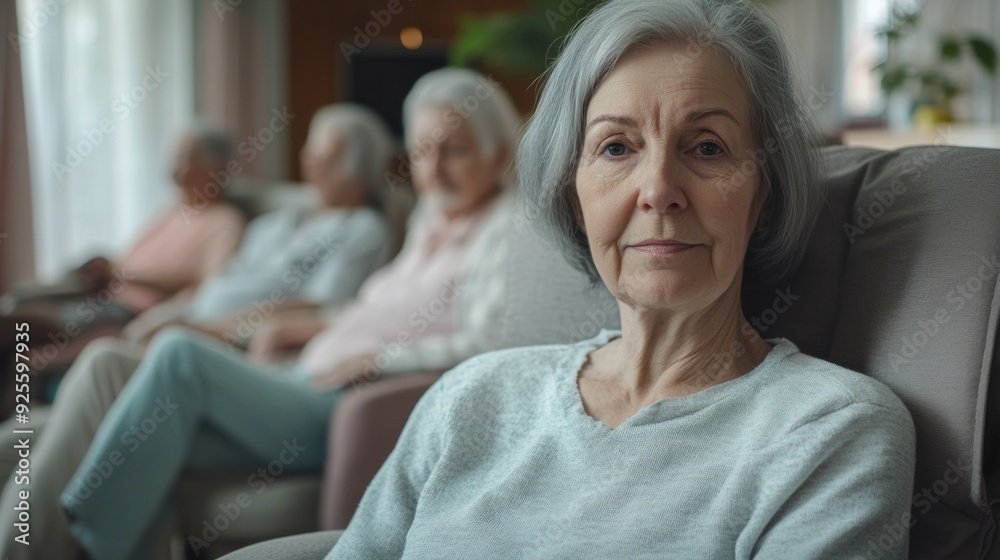 A group of elderly people sitting in a room with one woman looking away, AI A group of elderly people sitting in a room with one woman looking away, AI
