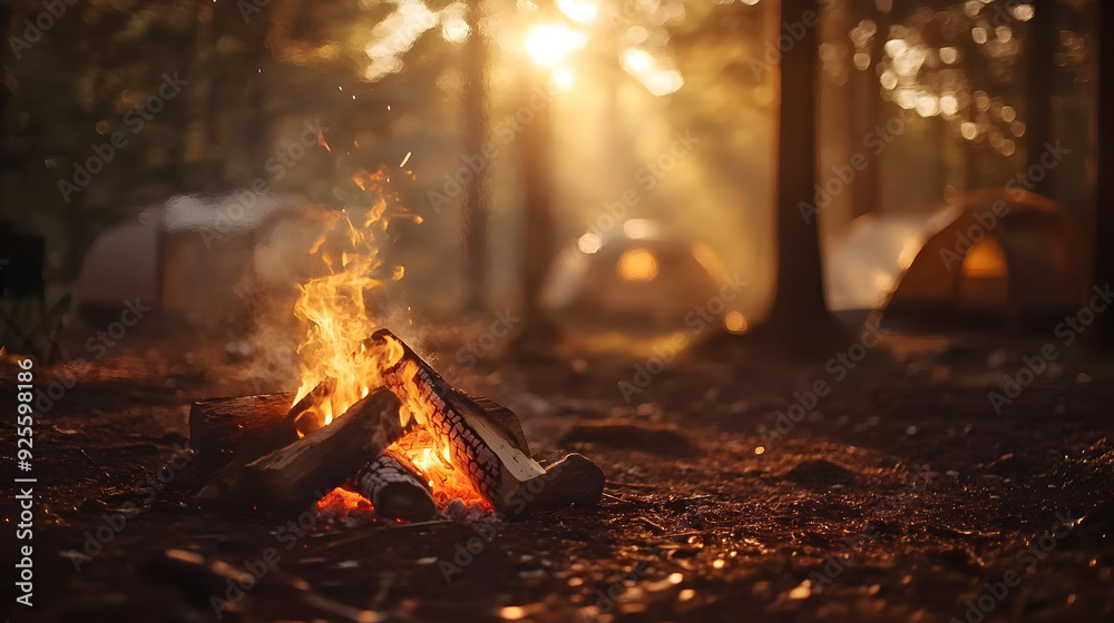 A serene campsite with a campfire and tents in a forest. A serene campsite with a campfire and tents in a forest.