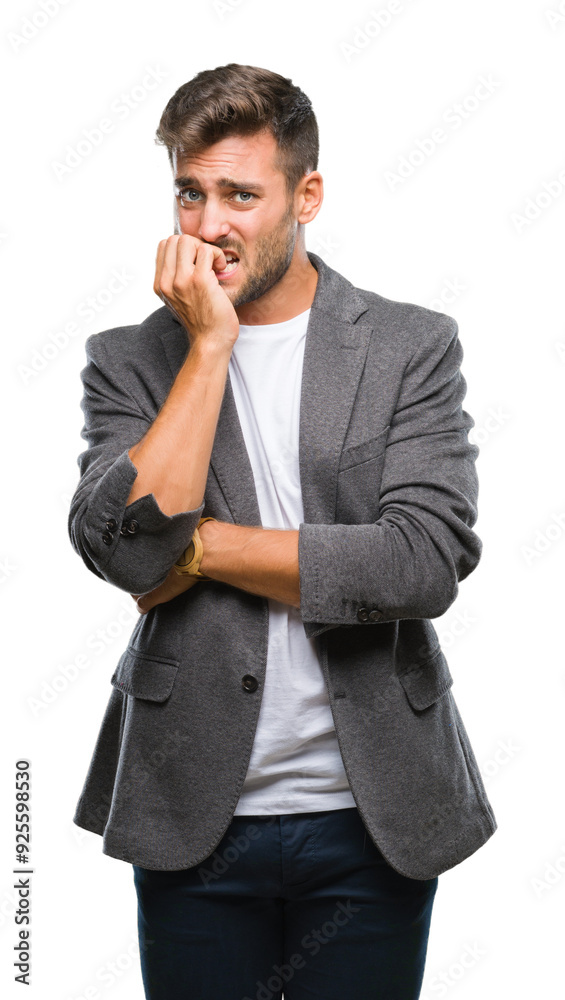 Young handsome business man over isolated background looking stressed and nervous with hands on mouth biting nails. Anxiety problem. Young handsome business man over isolated background looking stressed and nervous with hands on mouth biting nails. Anxiety problem.